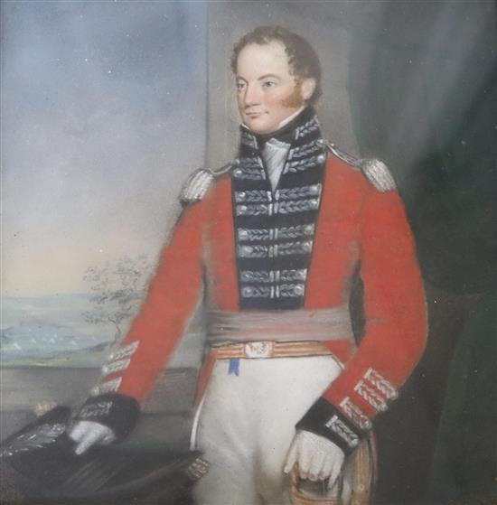 19th century English School, pastel portrait of an army officer, 24 x 21cm and a family coat of arms